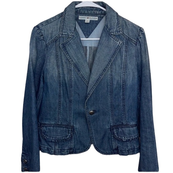 Tommy Hilfiger Vintage Denim Jacket Cropped Scalloped Puff Sleeve M - Picture 1 of 15